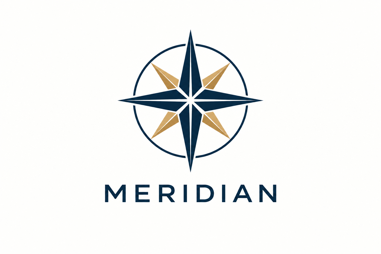 Meridian compass logo: navy and gold compass points inside a circle